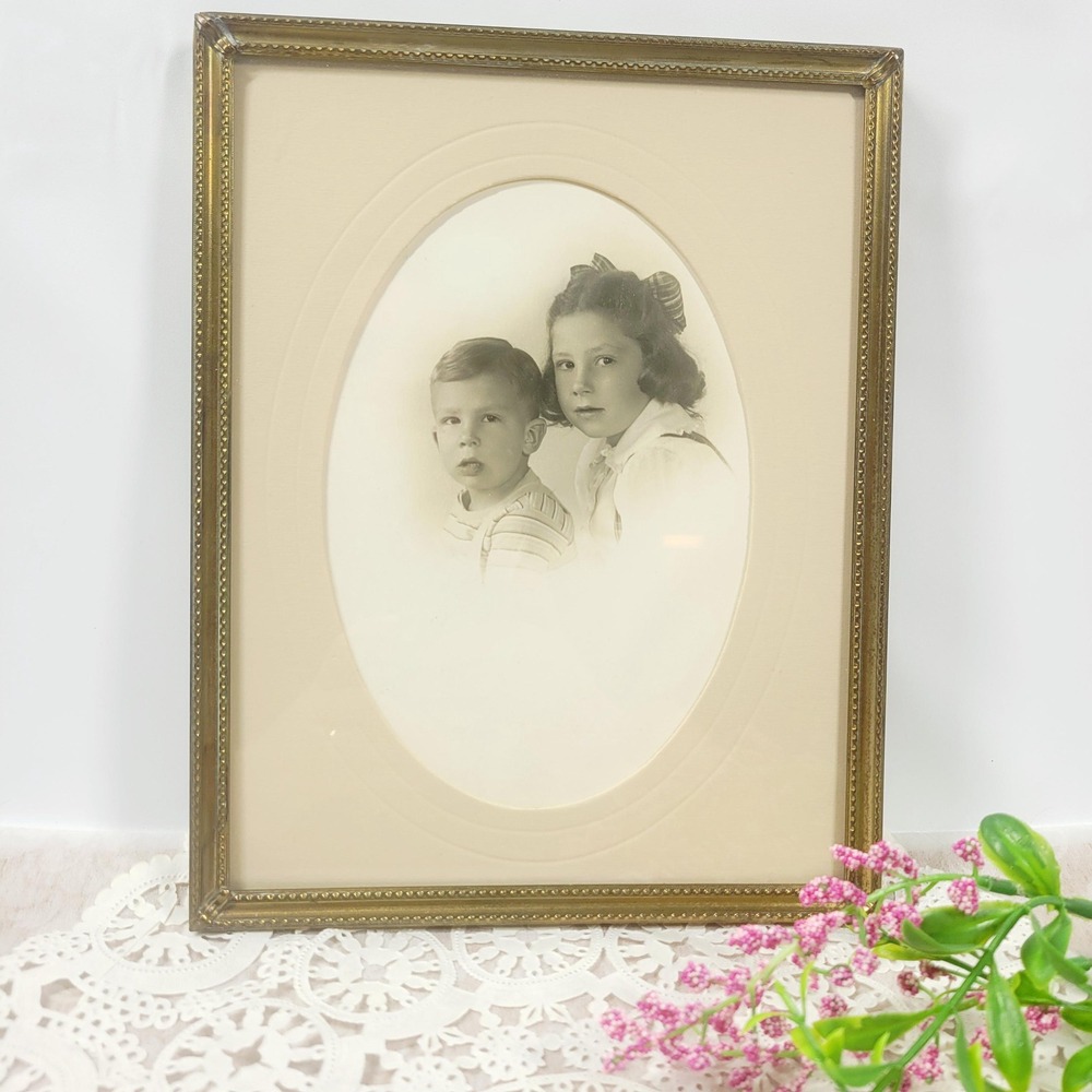 Vintage 1940s Portrait in Gold Tone Frame 7x9 Brother and Sister Sepia Photo